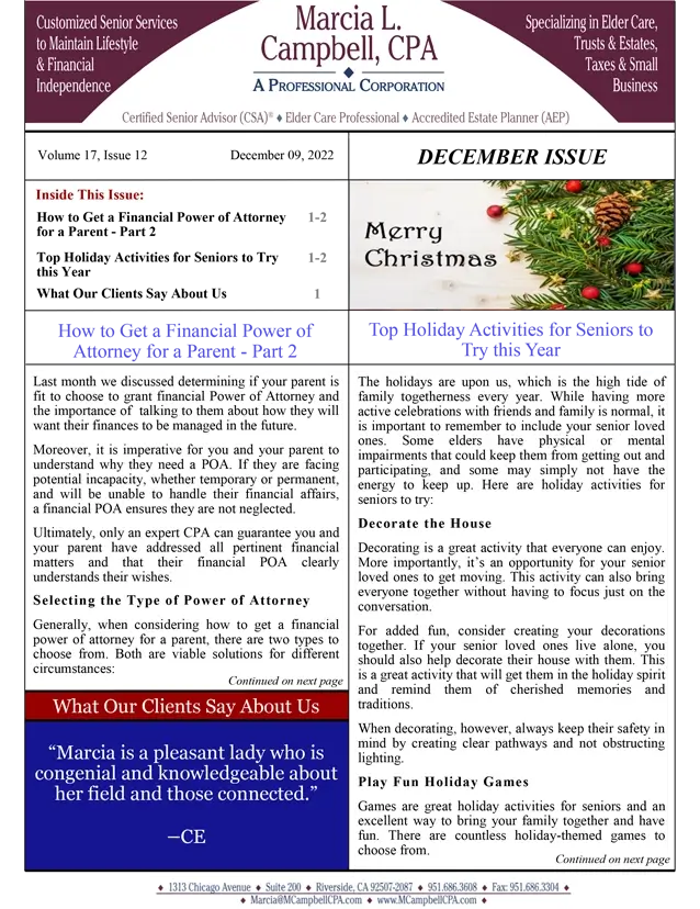 Marcia Campbell December 22 Newsletter Page 1